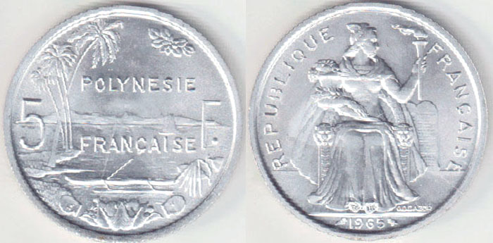 1965 French Polynesia 5 Francs (Unc)
